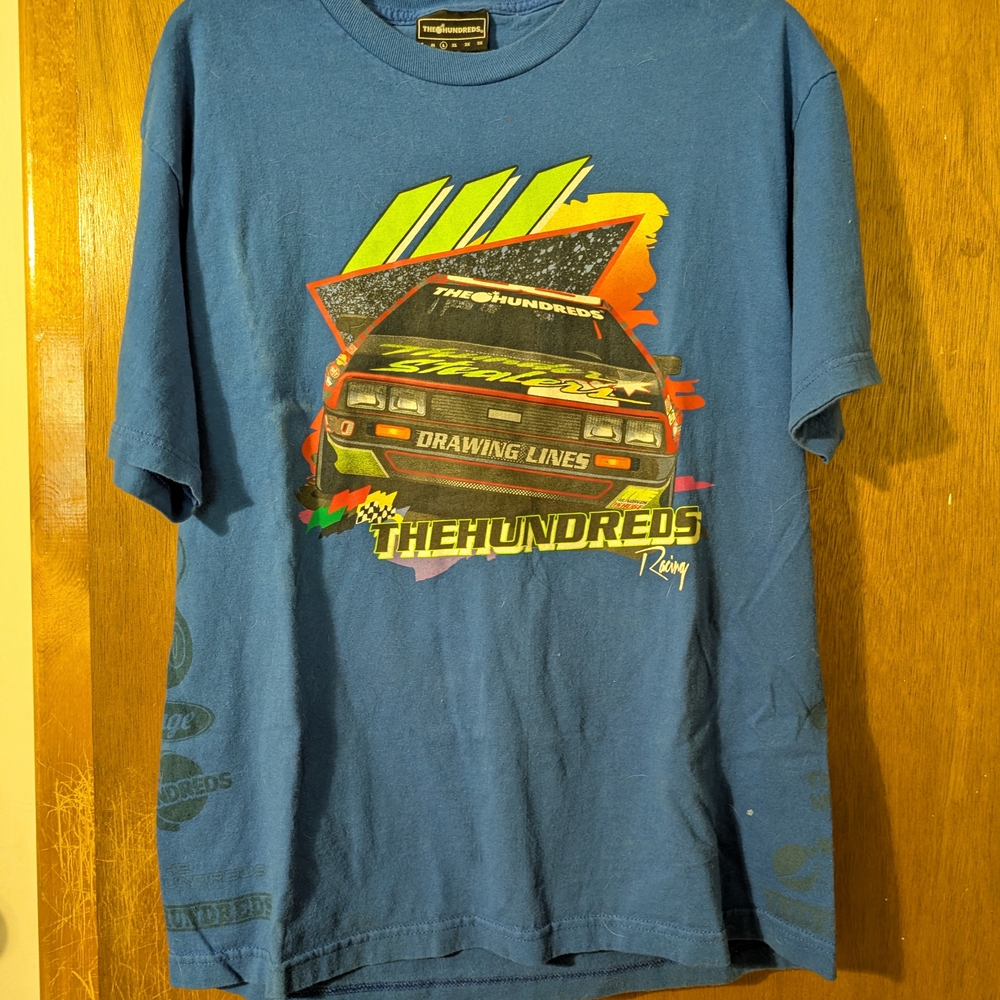 The Hundreds Drawing Lines Blue Short Sleeve Tee with Race Car Graphic